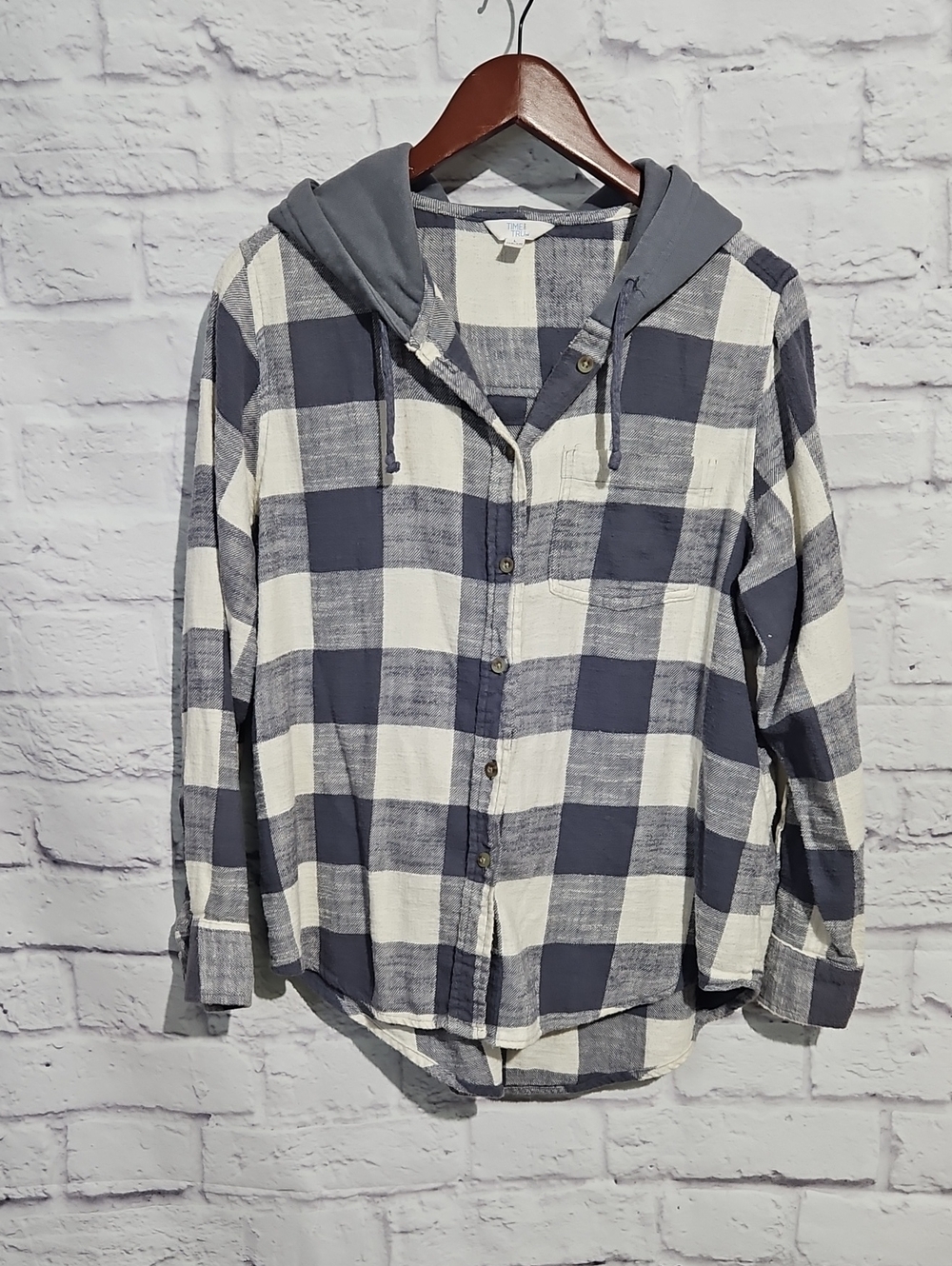 Time and Tru Navy and White Plaid Hooded Button-Down Shirt